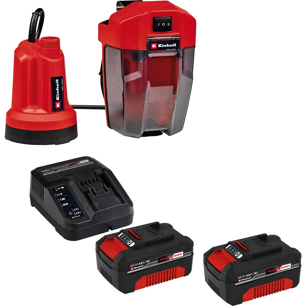 Einhell GE-SP 18 LL Li 18v Cordless Low Level Submersible Clean Water Pump 4500 l/h 2 x 4ah Li-ion Battery Charger