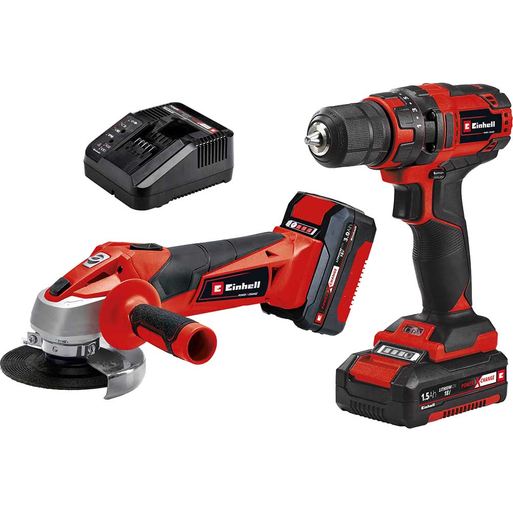 Image of Einhell TC-TK 18 Li 18v Cordless Drill Driver and Angle Grinder Kit 1 x 1.5ah & 1 x 3ah Li-ion Charger No Case