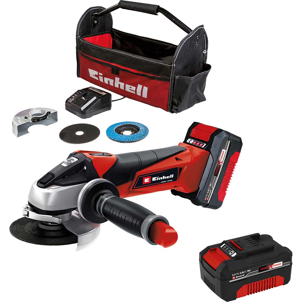 Image of Einhell TE-AG 18/115 Li 18v Cordless Angle Grinder 115mm 2 x 4ah Li-ion Charger Bag