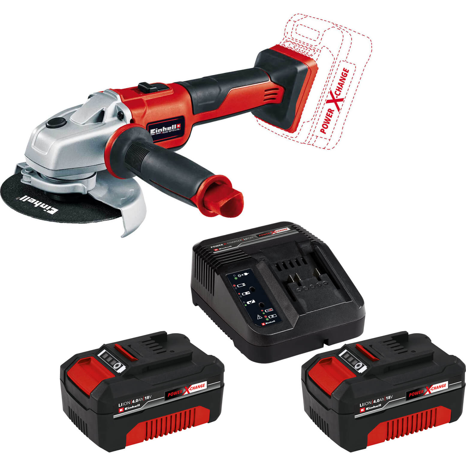 Image of Einhell AXXIO 18v Cordless Brushless Angle Grinder 115mm 2 x 4ah Li-ion Charger No Case