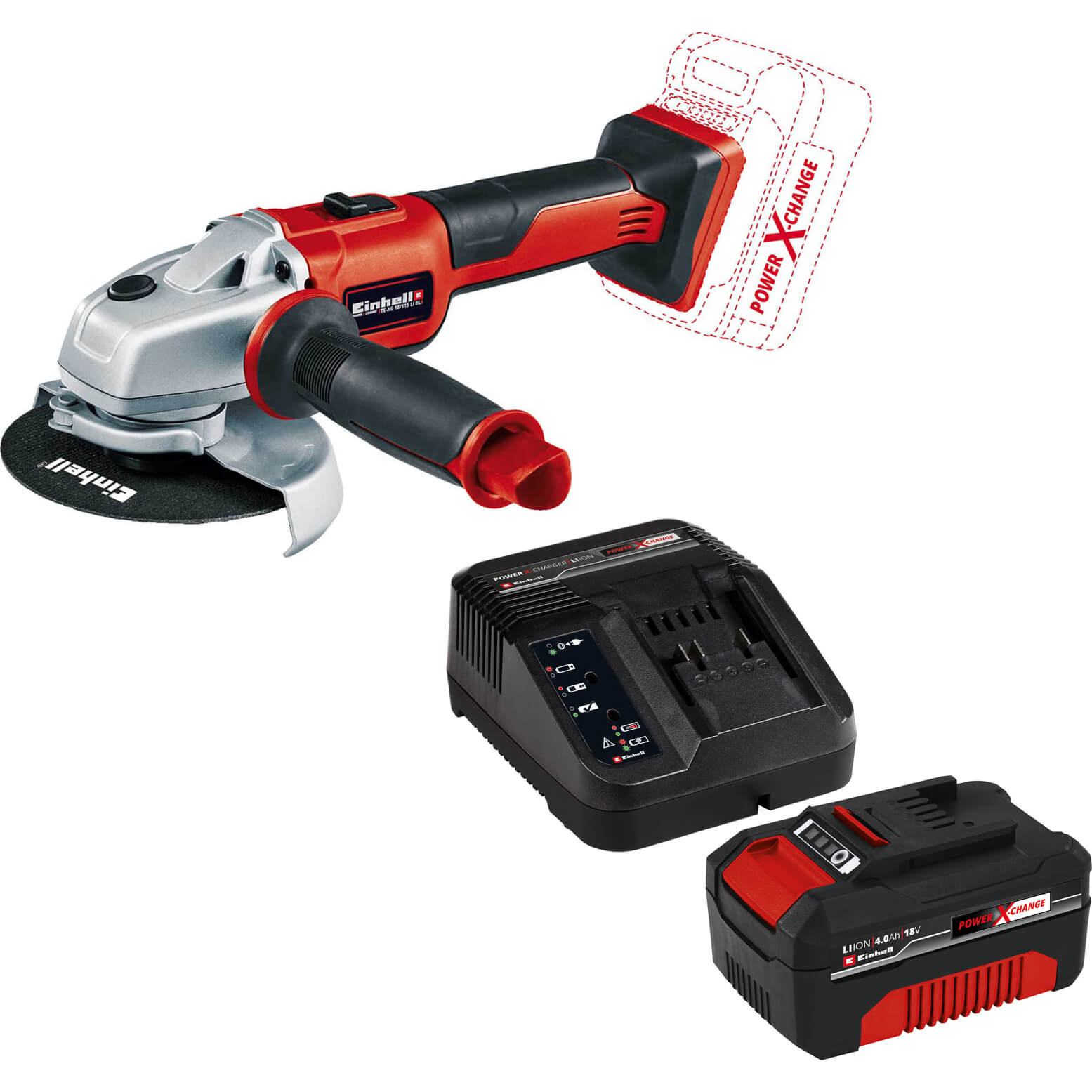 Image of Einhell AXXIO 18v Cordless Brushless Angle Grinder 115mm 1 x 4ah Li-ion Charger No Case