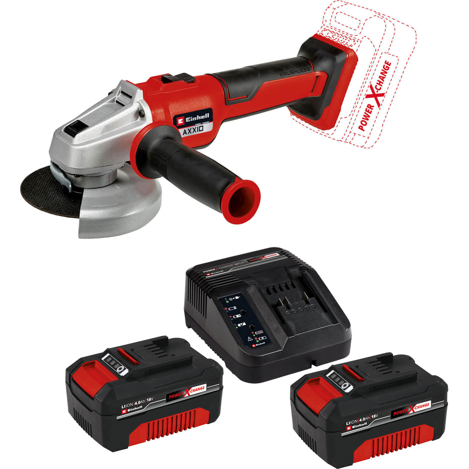 Image of Einhell AXXIO 18/125 Q 18v Quick Release Brushless Angle Grinder 125mm 2 x 4ah Li-ion Charger No Case