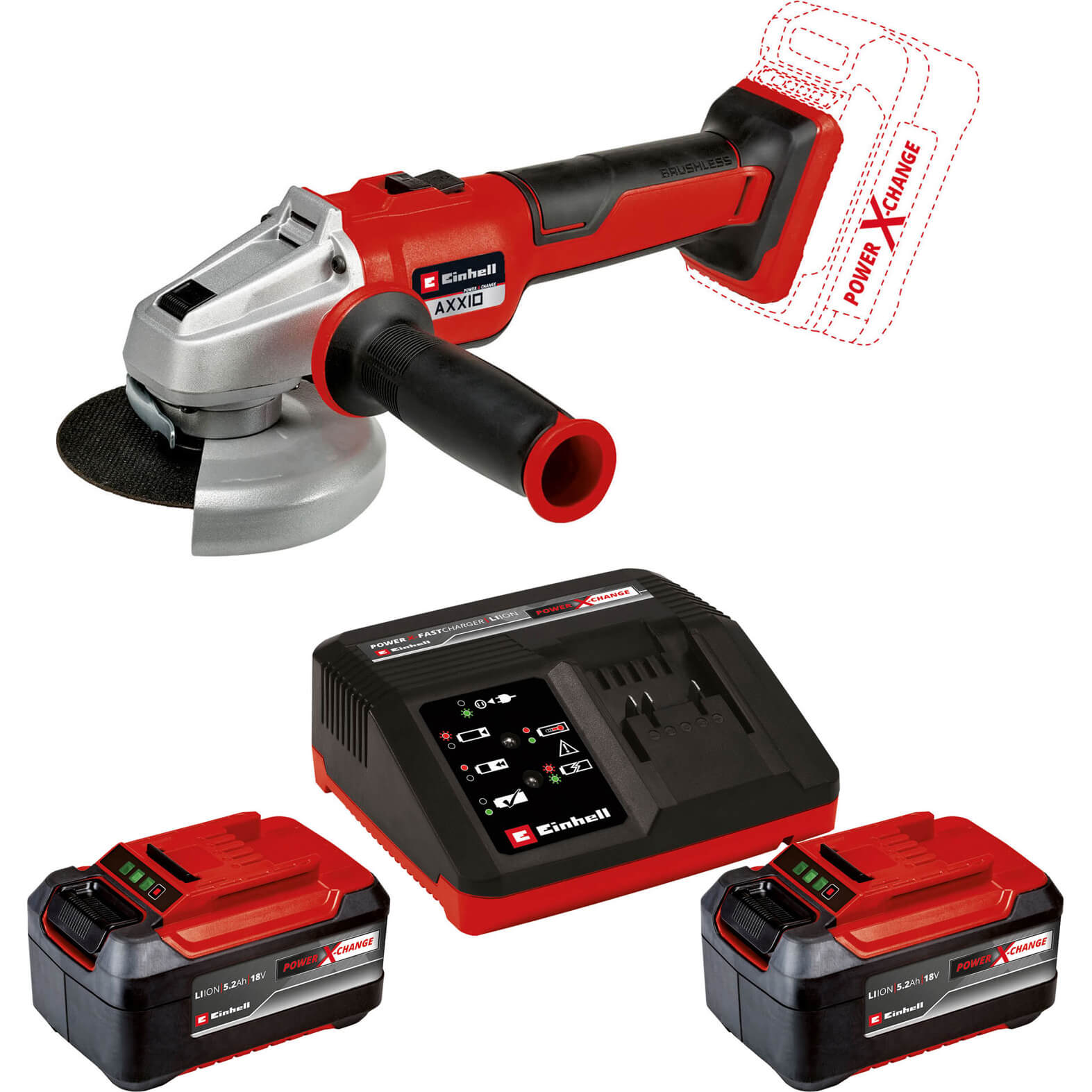 Image of Einhell AXXIO 18/125 Q 18v Quick Release Brushless Angle Grinder 125mm 2 x 5.2ah Li-ion Charger No Case