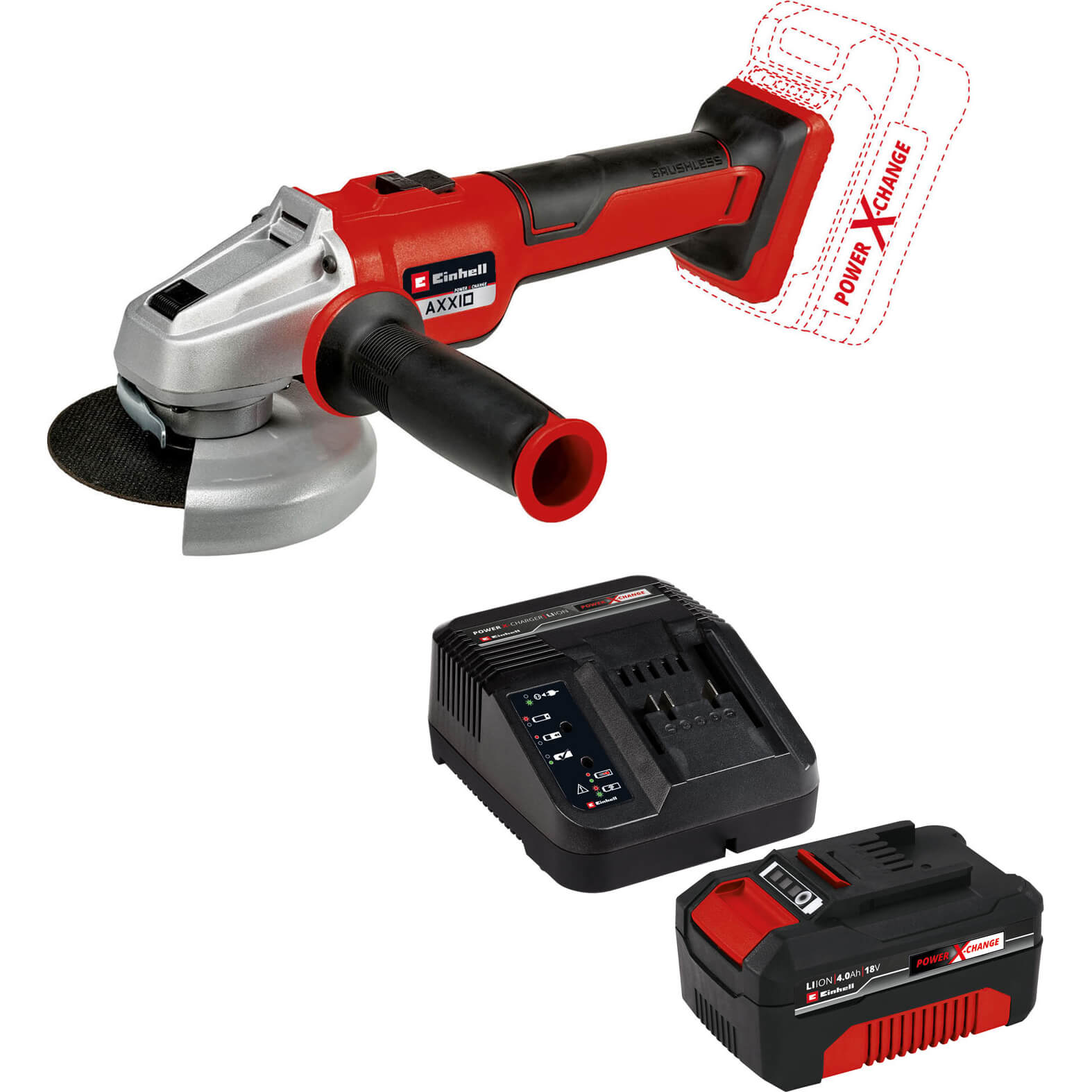Image of Einhell AXXIO 18/125 Q 18v Quick Release Brushless Angle Grinder 125mm 1 x 4ah Li-ion Charger No Case