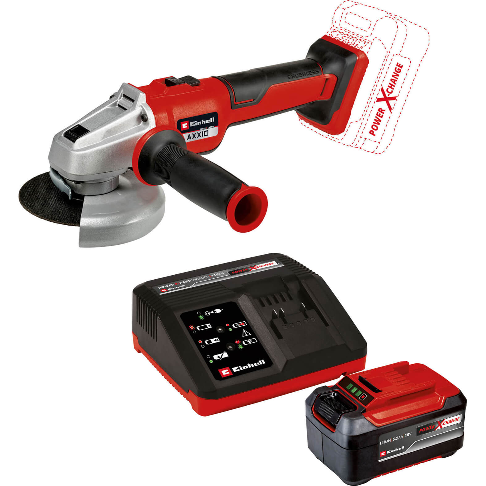 Image of Einhell AXXIO 18/125 Q 18v Quick Release Brushless Angle Grinder 125mm 1 x 5.2ah Li-ion Charger No Case