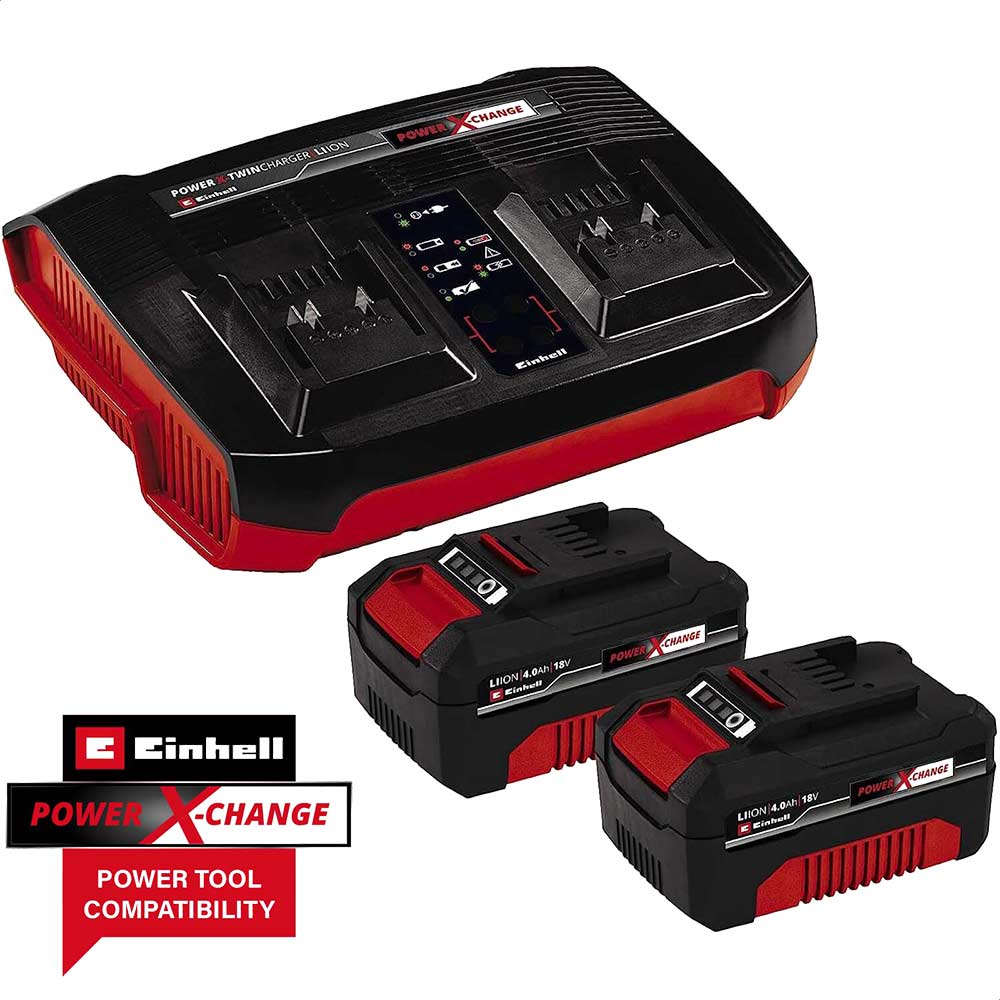 Einhell Genuine Power X Change 18v Cordless Twin Pack Li ion Battery 4ah and Twin Charger Battery Packs