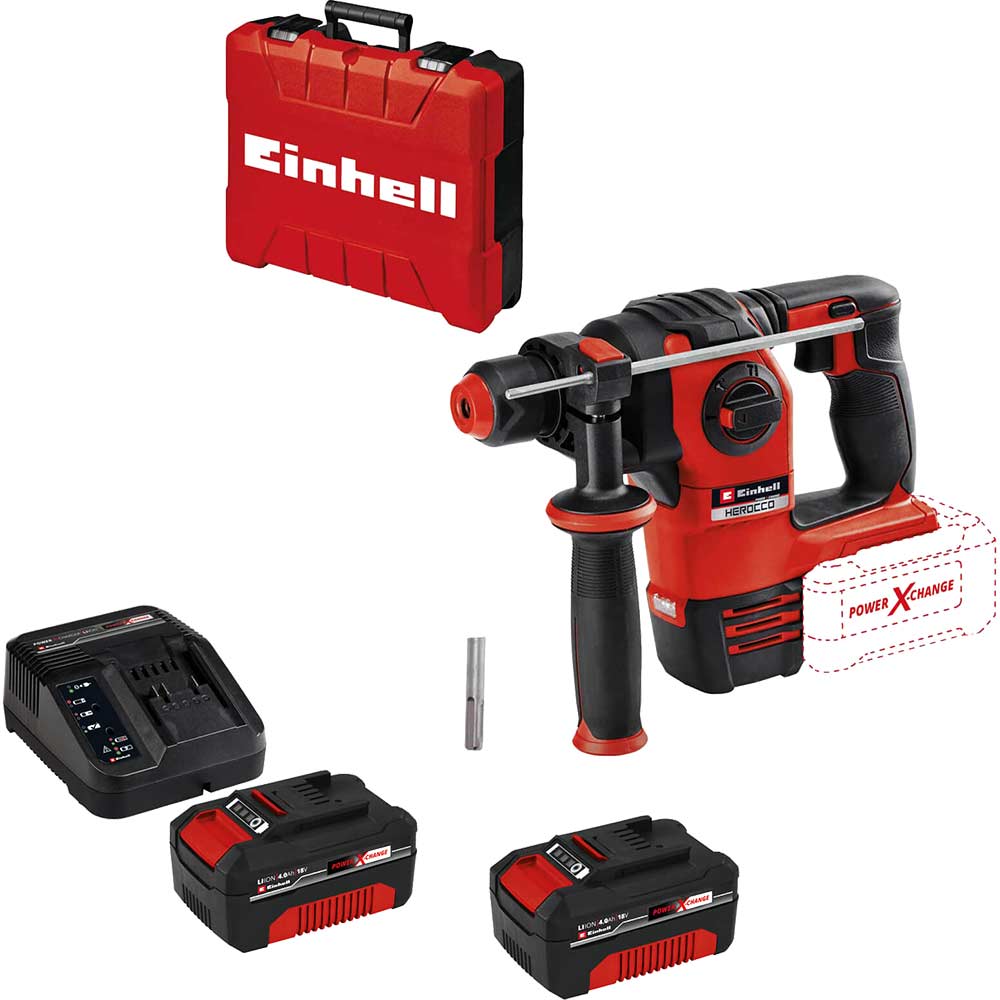 Einhell Professional HEROCCO 18v Cordless Brushless SDS Plus Rotary Hammer Drill 2 x 4ah Li-ion Battery Charger Case