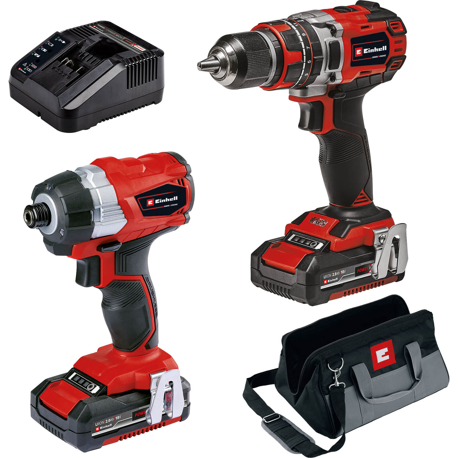 Image of Einhell 18v Cordless Brushless Combi Drill and Impact Driver Kit 2 x 2ah Li-ion Charger Bag