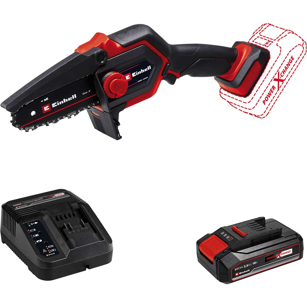 Einhell GE-PS 18/15 Li BL 18v Cordless Mini Pruning Chainsaw 130mm 1 x 2.5ah Li-ion Charger