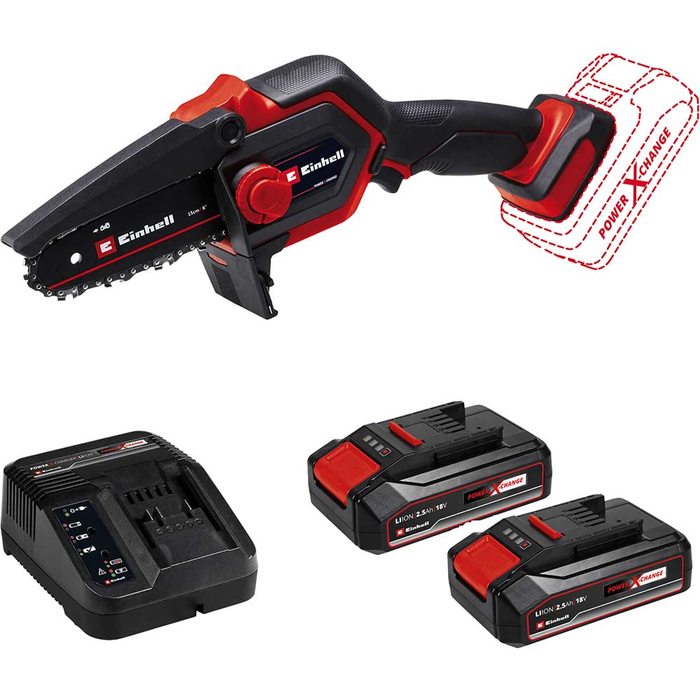 Einhell GE-PS 18/15 Li BL 18v Cordless Mini Pruning Chainsaw 130mm 2 x 2.5ah Li-ion Charger