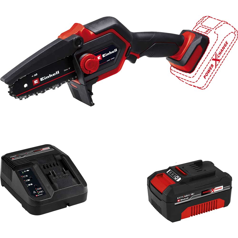 Einhell GE-PS 18/15 Li BL 18v Cordless Mini Pruning Chainsaw 130mm 1 x 4ah Li-ion Charger