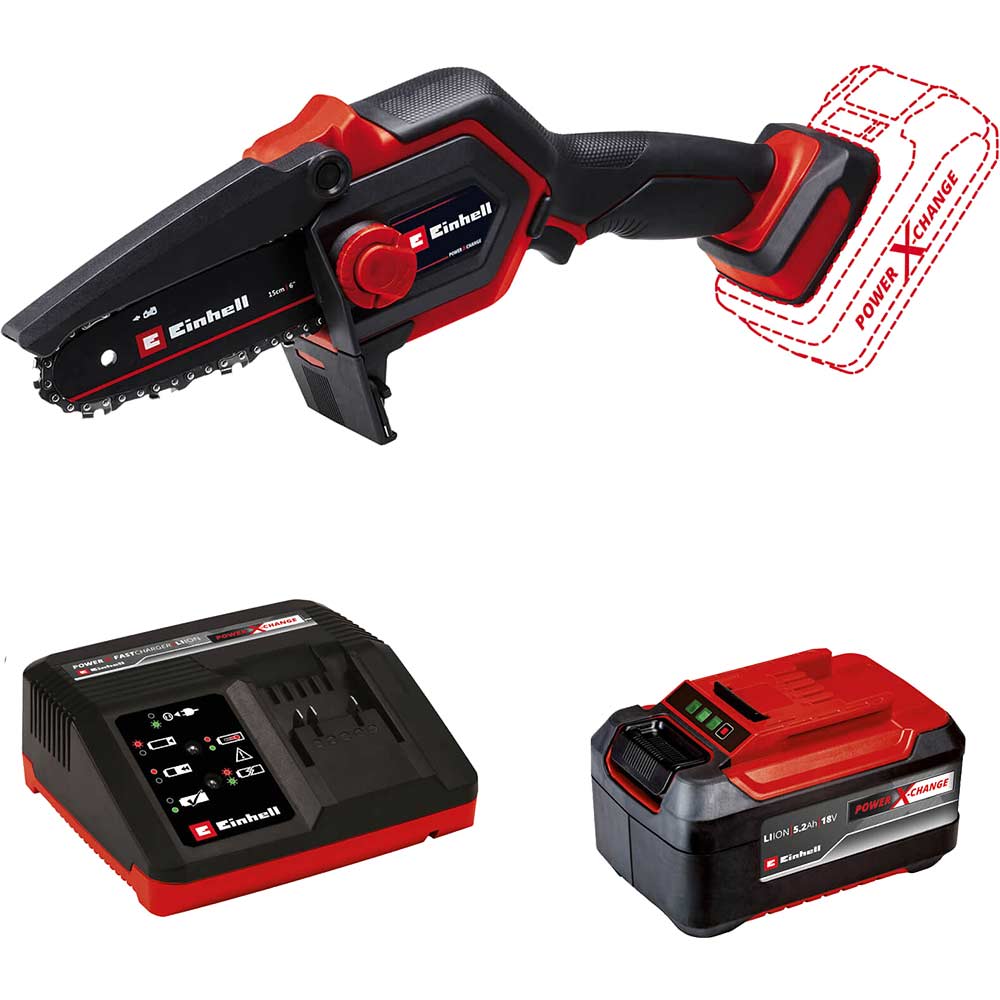 Einhell GE-PS 18/15 Li BL 18v Cordless Mini Pruning Chainsaw 130mm 1 x 5.2ah Li-ion Battery Charger