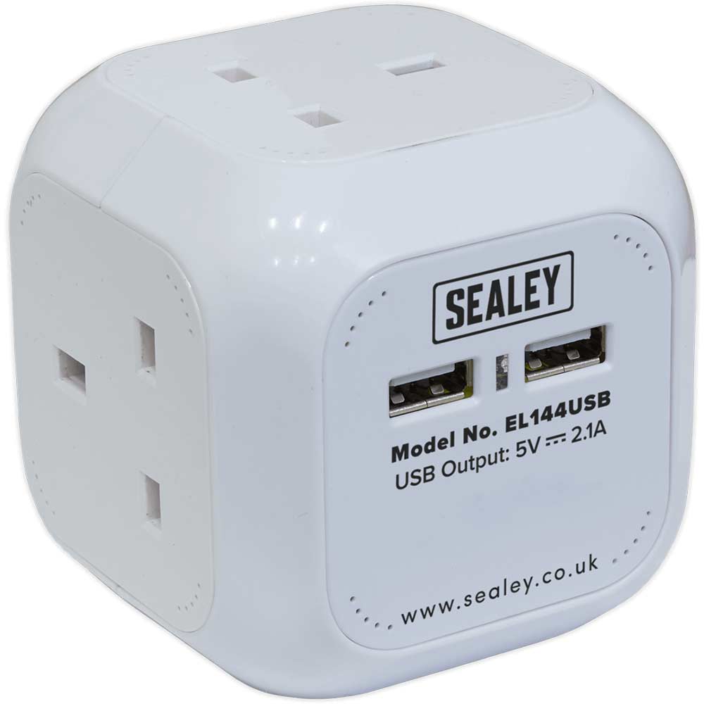 Sealey 4 Way Mains Extension Cube and USB Sockets 240v 1.4m