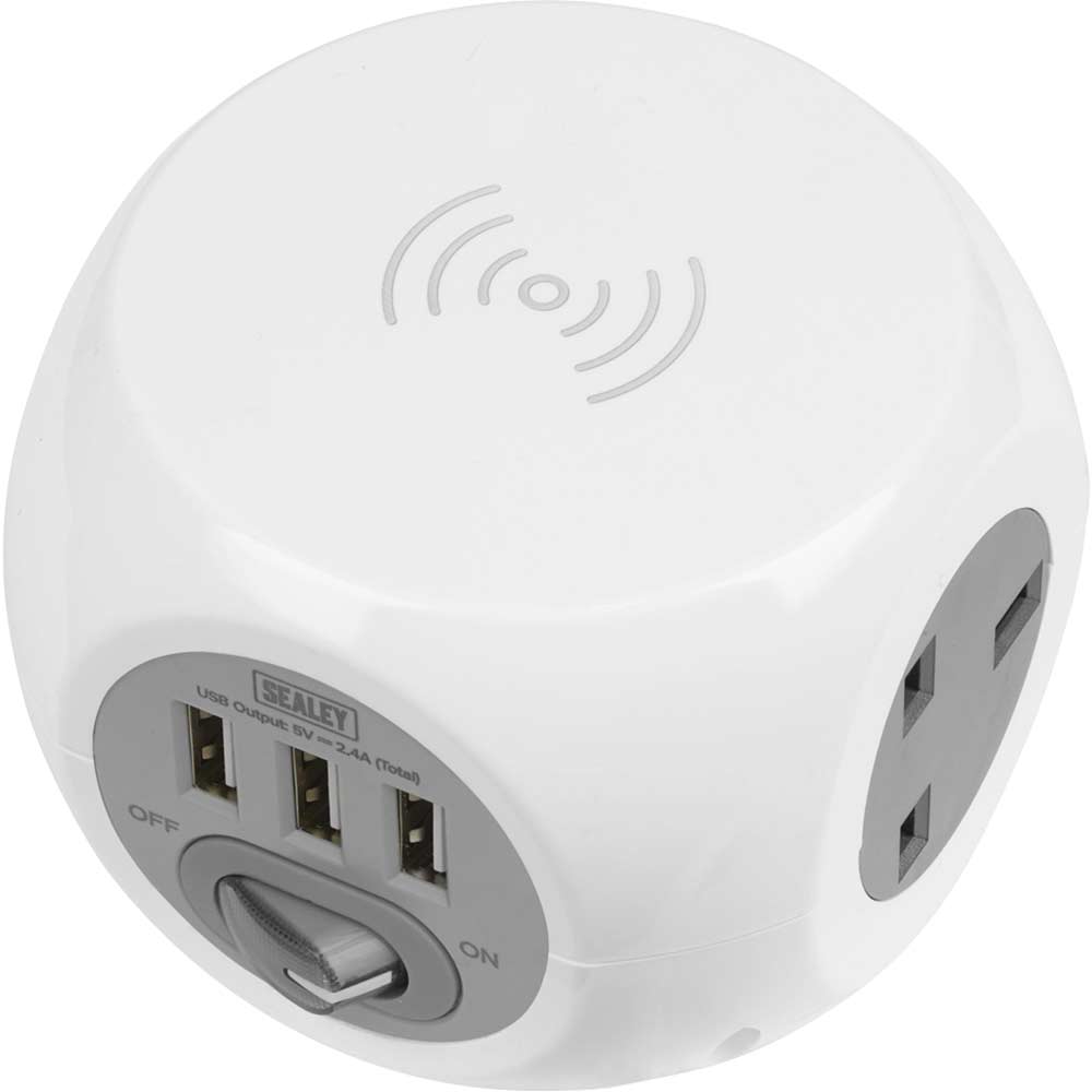 Sealey Cable Extension Cube with Wireless Charging and USB Sockets 1.4m