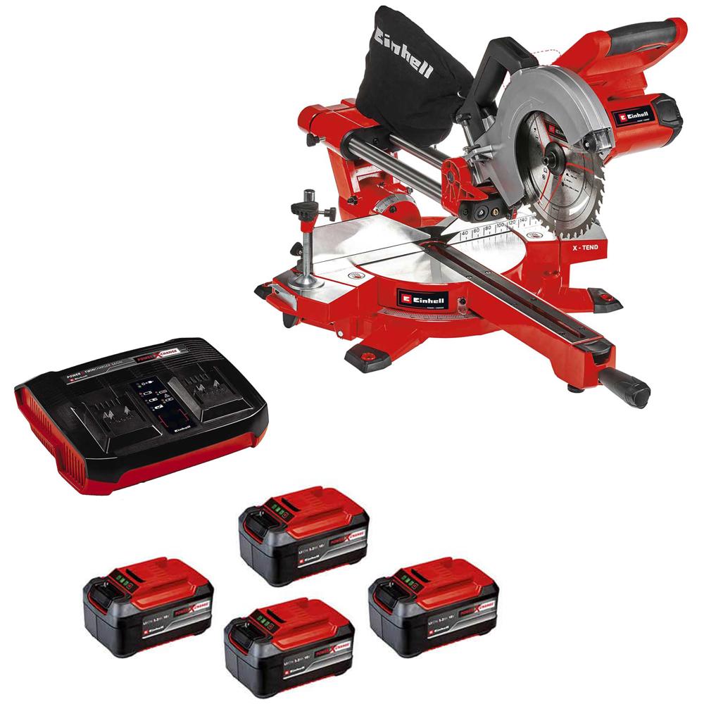 Einhell TE-SM 36/210 36v Cordless Sliding Mitre Saw 210mm 4 x 5.2ah Plus Li-ion Twin or Dual Battery Charger No Case