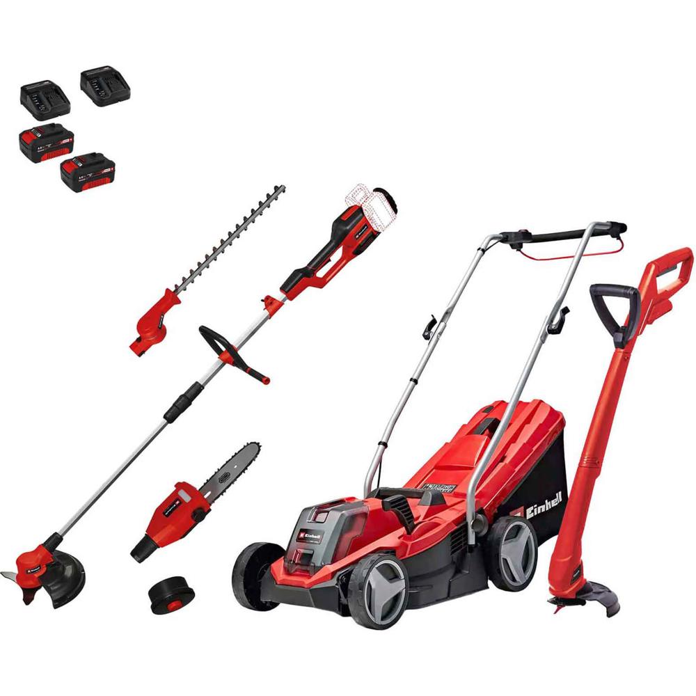 Einhell GE-CM 18v Cordless Rotary Lawnmower, Grass Trimmer and Multi Tool Kit 2 x 4ah Li-ion Battery Charger