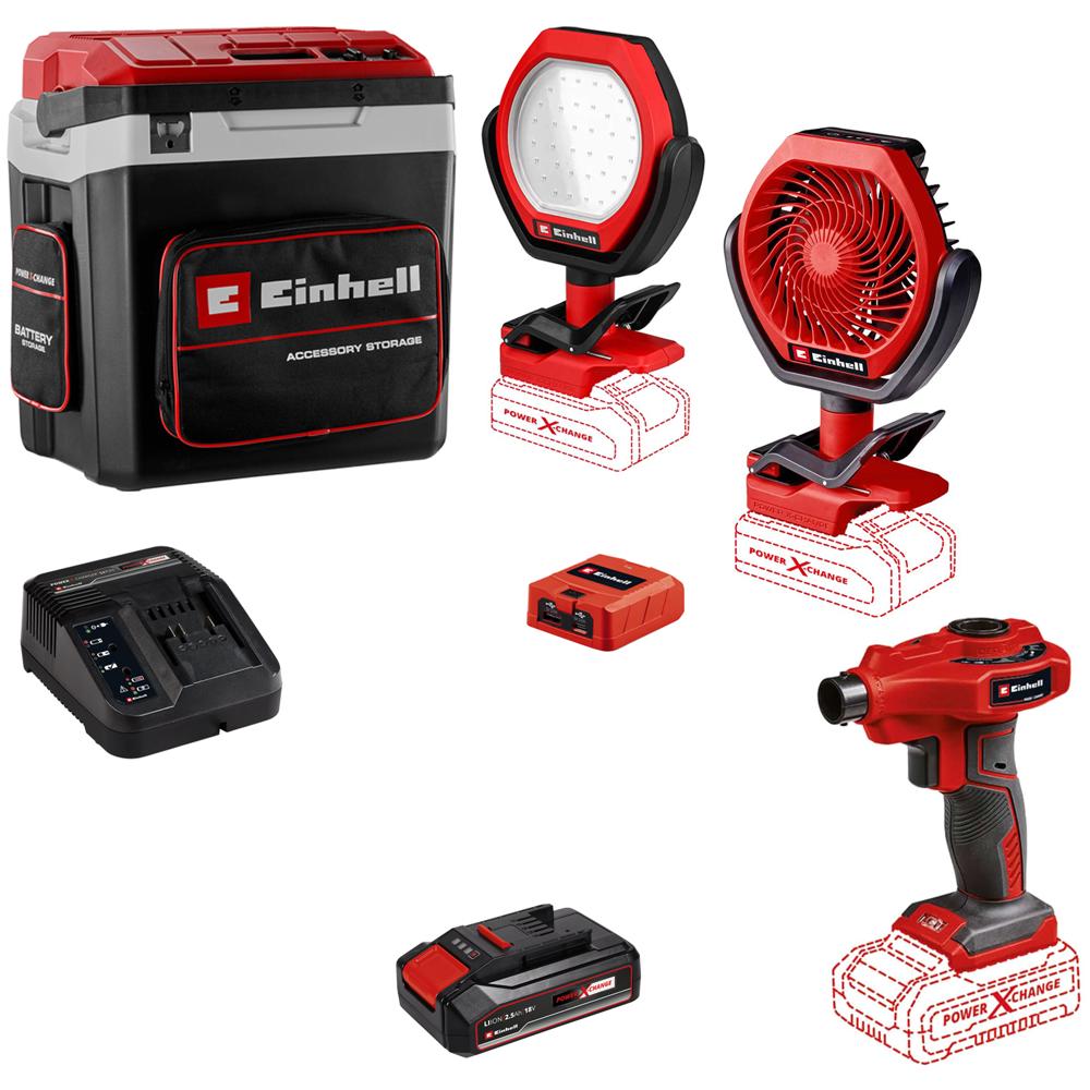 Einhell CAMPER 18v Cordless Cool Box and Warmer with Camping Accessory Kit 1 x 2.5ah Li-ion Battery Charger