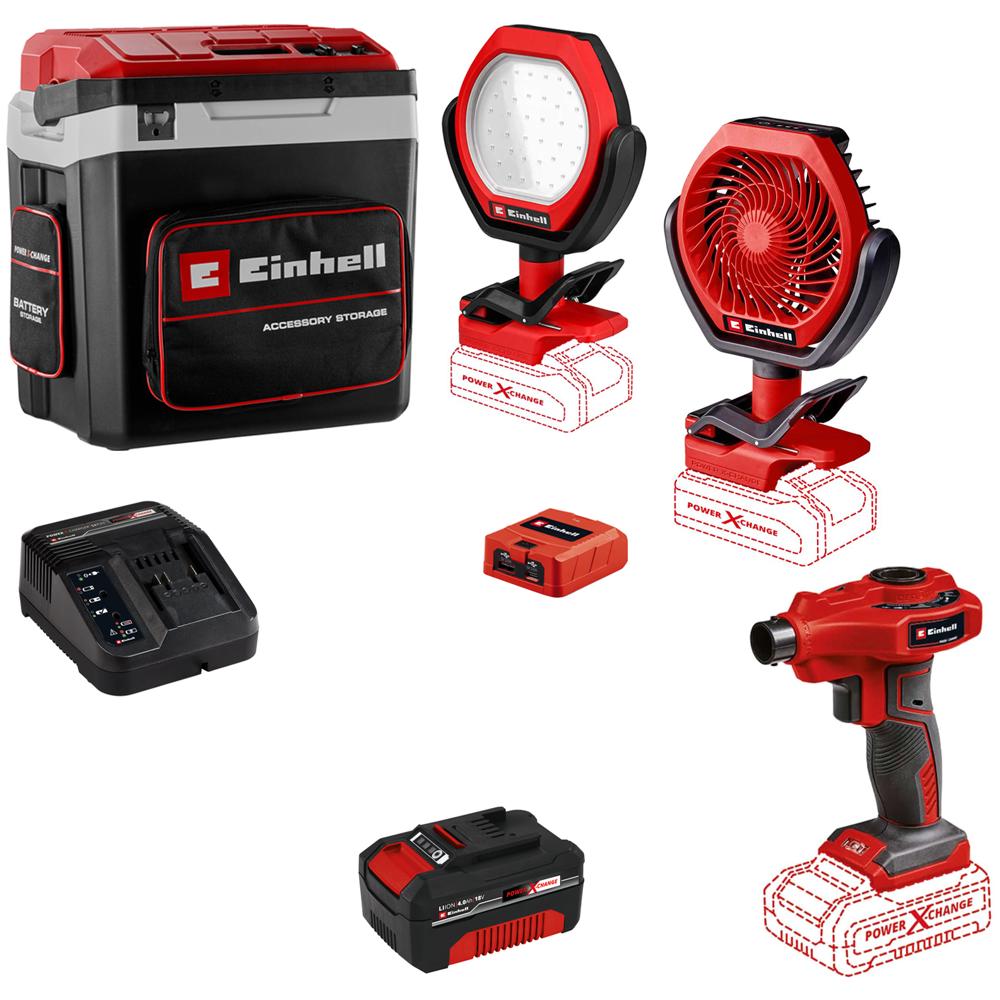 Einhell CAMPER 18v Cordless Cool Box and Warmer with Camping Accessory Kit 1 x 4ah Li-ion Battery Charger