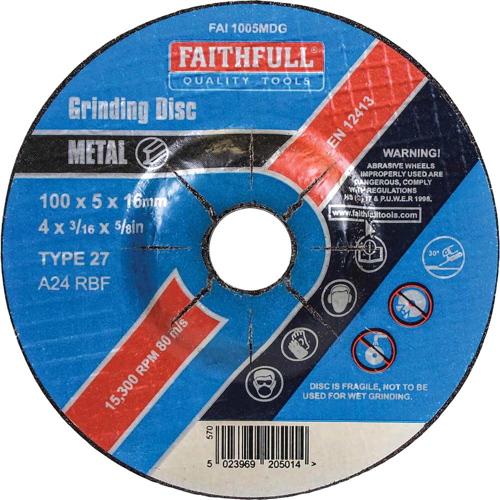 Faithfull Depressed Centre Metal Grinding Disc 100mm 5mm 16mm