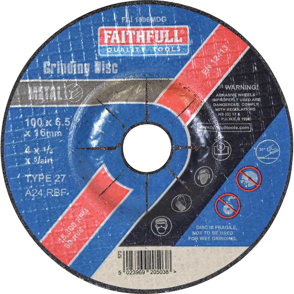 Faithfull Depressed Centre Metal Grinding Disc 100mm 6.5mm 16mm