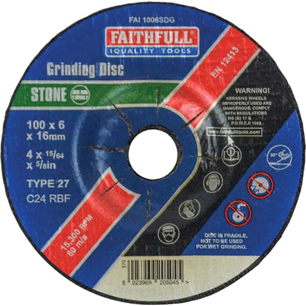 Faithfull Depressed Centre Stone Grinding Disc 100mm 6mm 16mm