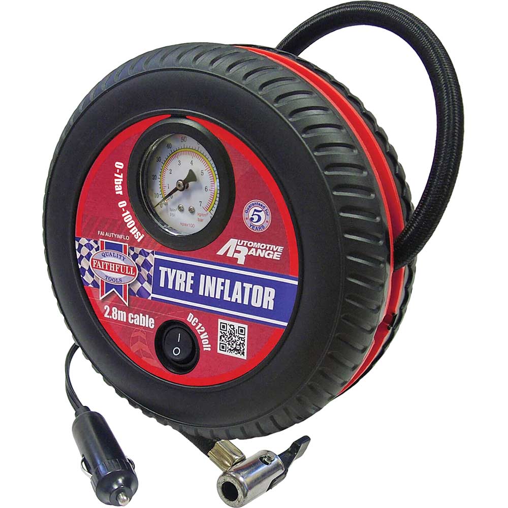 Image of Faithfull 12v Tyre Inflator and Analogue Pressure Gauge 12v