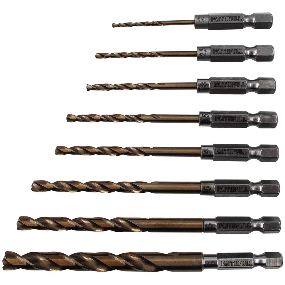 Faithfull 8 Piece Quick Change Hex Shank Hss Cobalt Impact Drill Bit Set