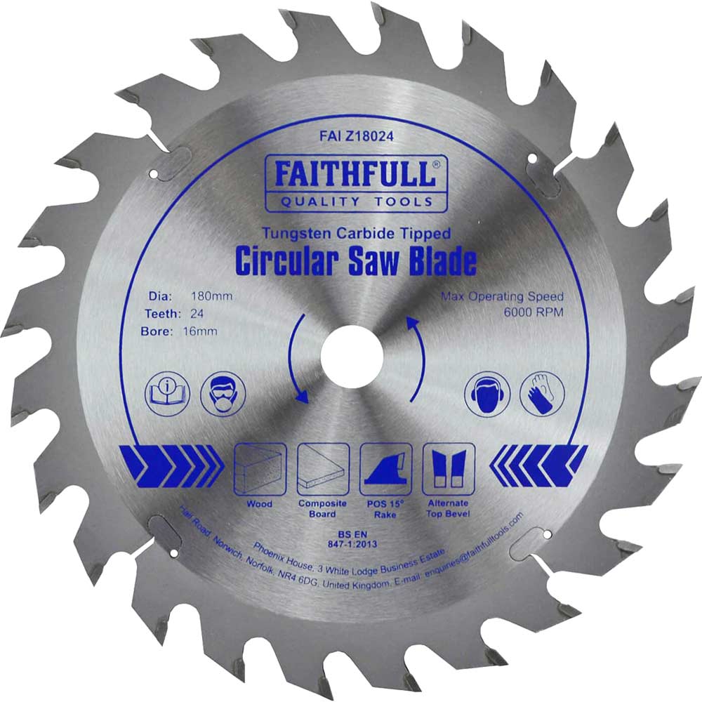 Faithfull Fast Rip TCT Circular Saw Blade 180mm 24T 16mm