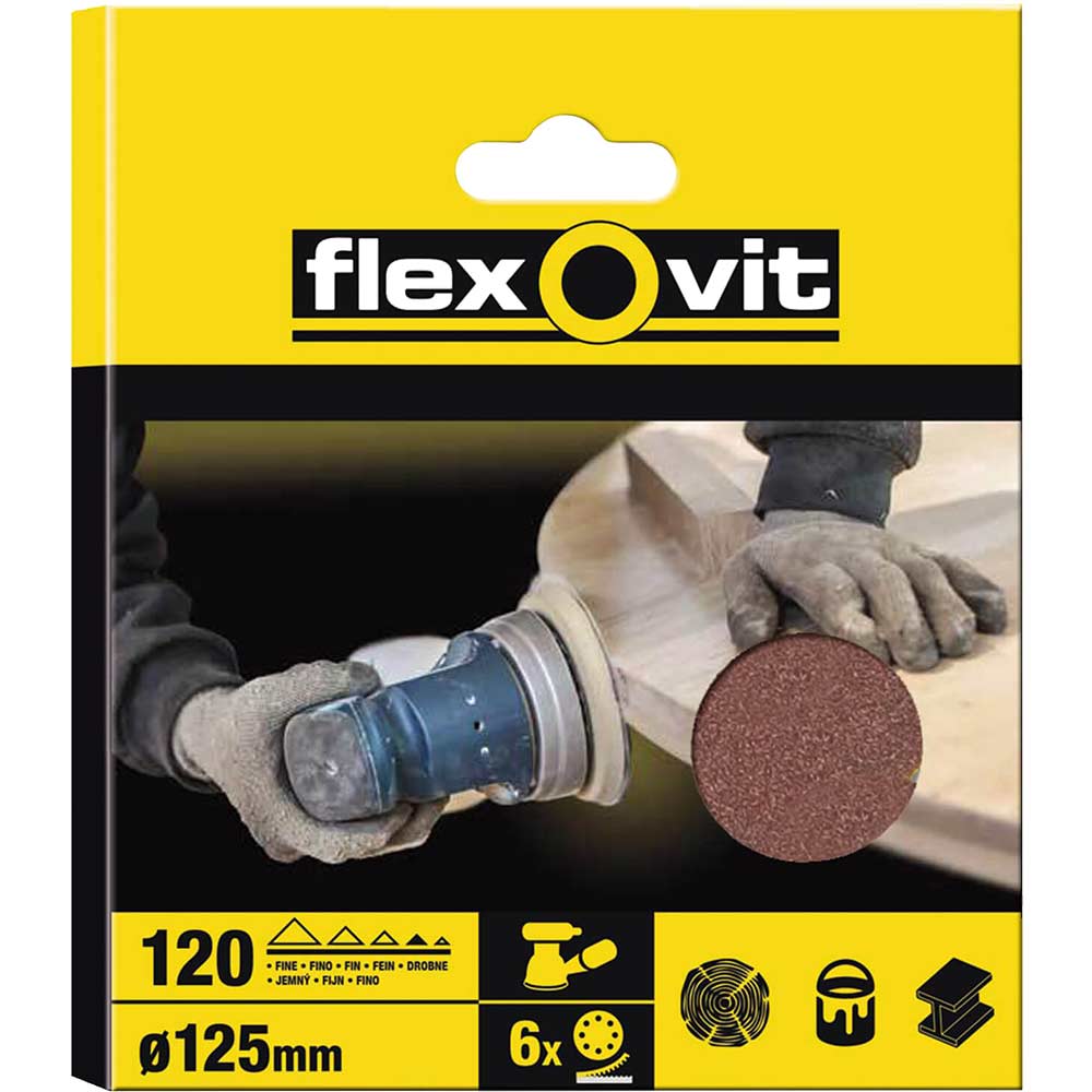 Flexovit 125mm Hook and Loop Sanding Discs 125mm 120g Pack of 6