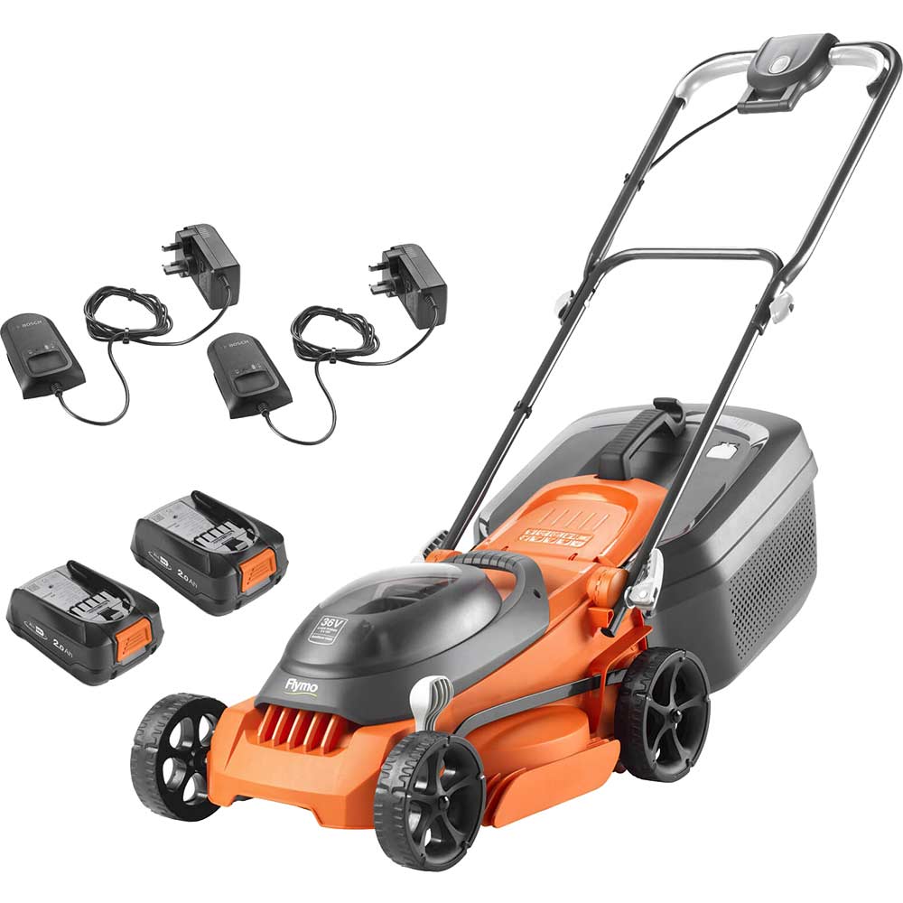 Flymo EASISTORE 340R P4A 36v Cordless Rotary Lawnmower 340mm 2 x 2ah Li-ion Battery Charger