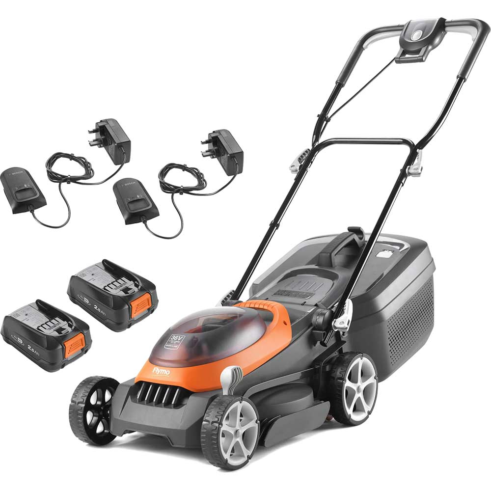 Flymo ULTRASTORE 340R P4A 36v Cordless Rotary Lawnmower 340mm 2 x 2.5ah Li-ion Battery Charger