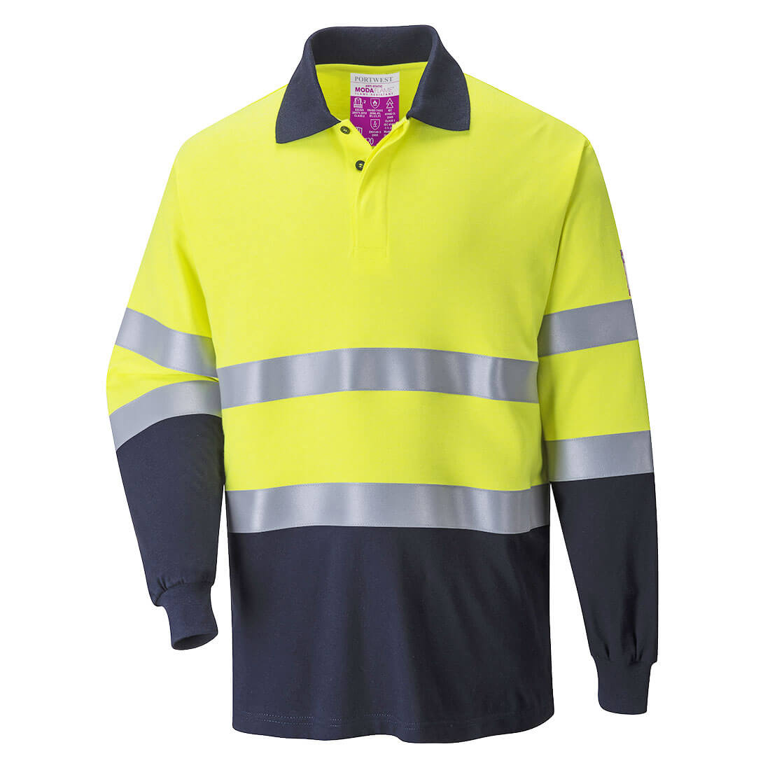 Image of Modaflame Mens Flame Resistant Hi Vis 2-Tone Polo Shirt Yellow / Navy S