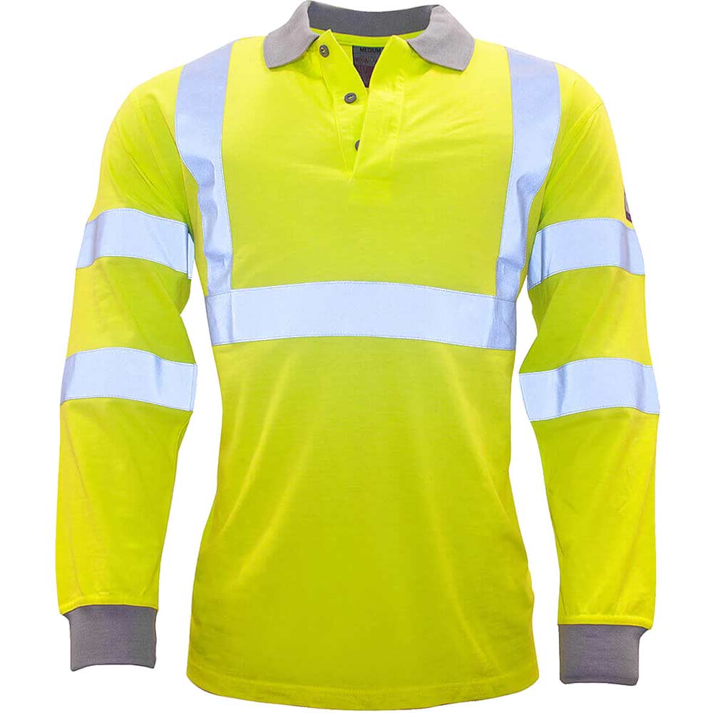 Image of Modaflame Mens Flame Resistant Hi Vis Polo Shirt Long Sleeve Yellow 4XL