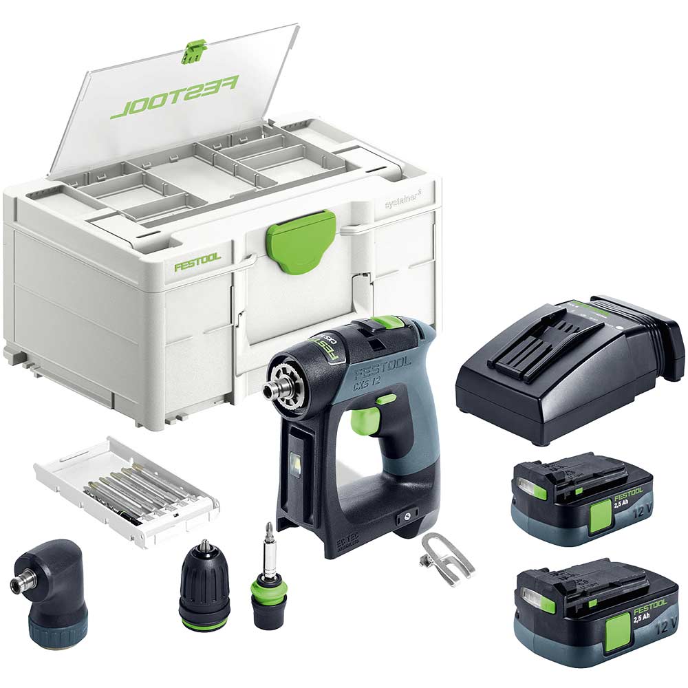 Festool CXS 12 Brushless Cordless Drill 2 x 2.5ah Li-ion Battery Charger Case & Accessories