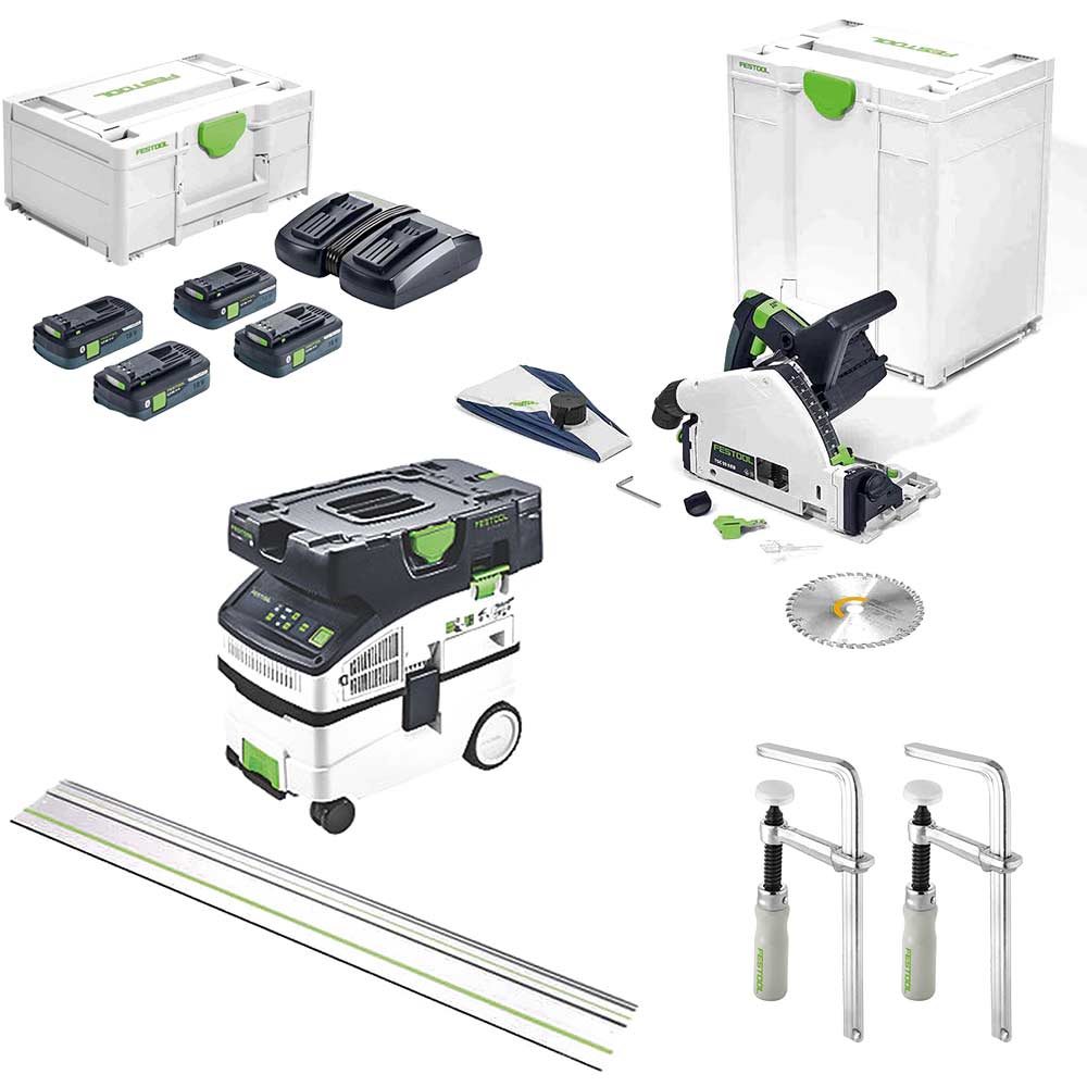 Festool TSC 55 Cordless Plunge Saw and L Class Extractor Kit 4 x 5ah Li-ion Battery Charger Case
