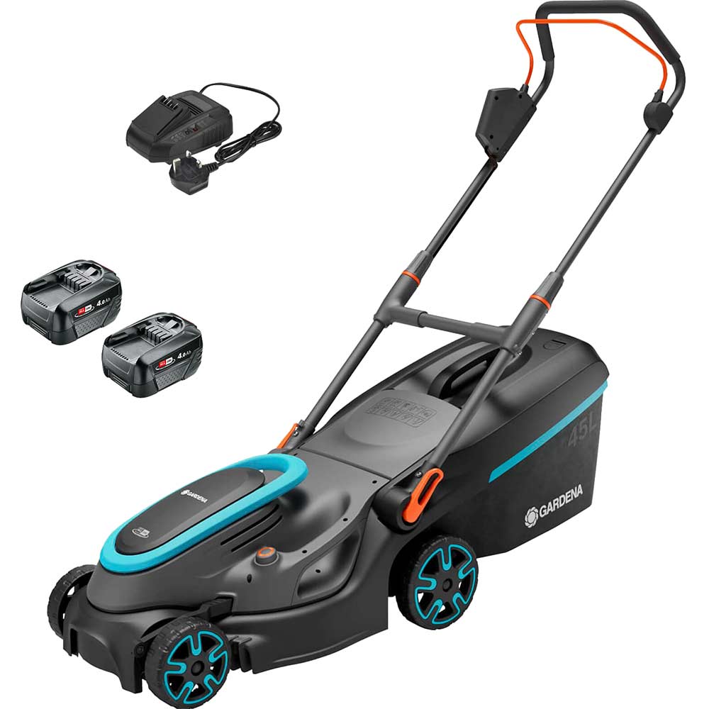 Gardena POWERMAX 37 P4A 36v Cordless Rotary Lawnmower 370mm 2 x 4ah Li-ion Battery Charger