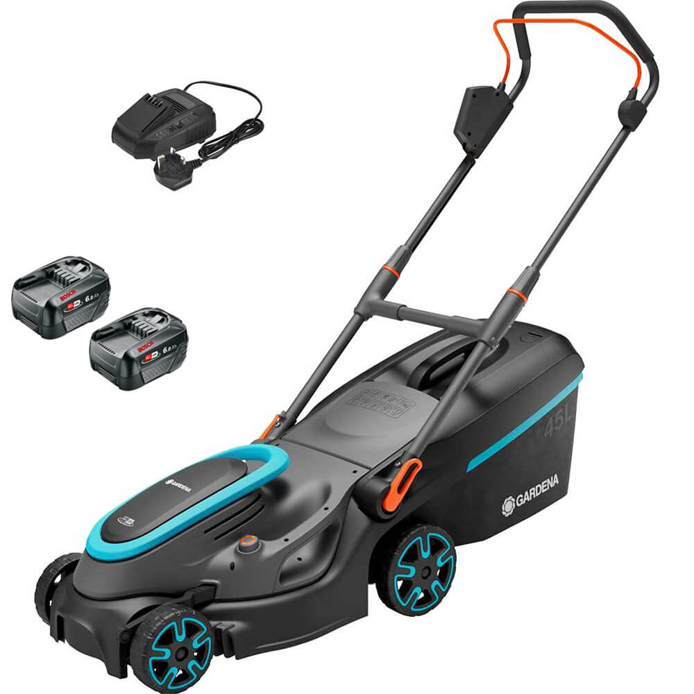 Gardena POWERMAX 37 P4A 36v Cordless Rotary Lawnmower 370mm 2 x 6ah Li-ion Battery Charger
