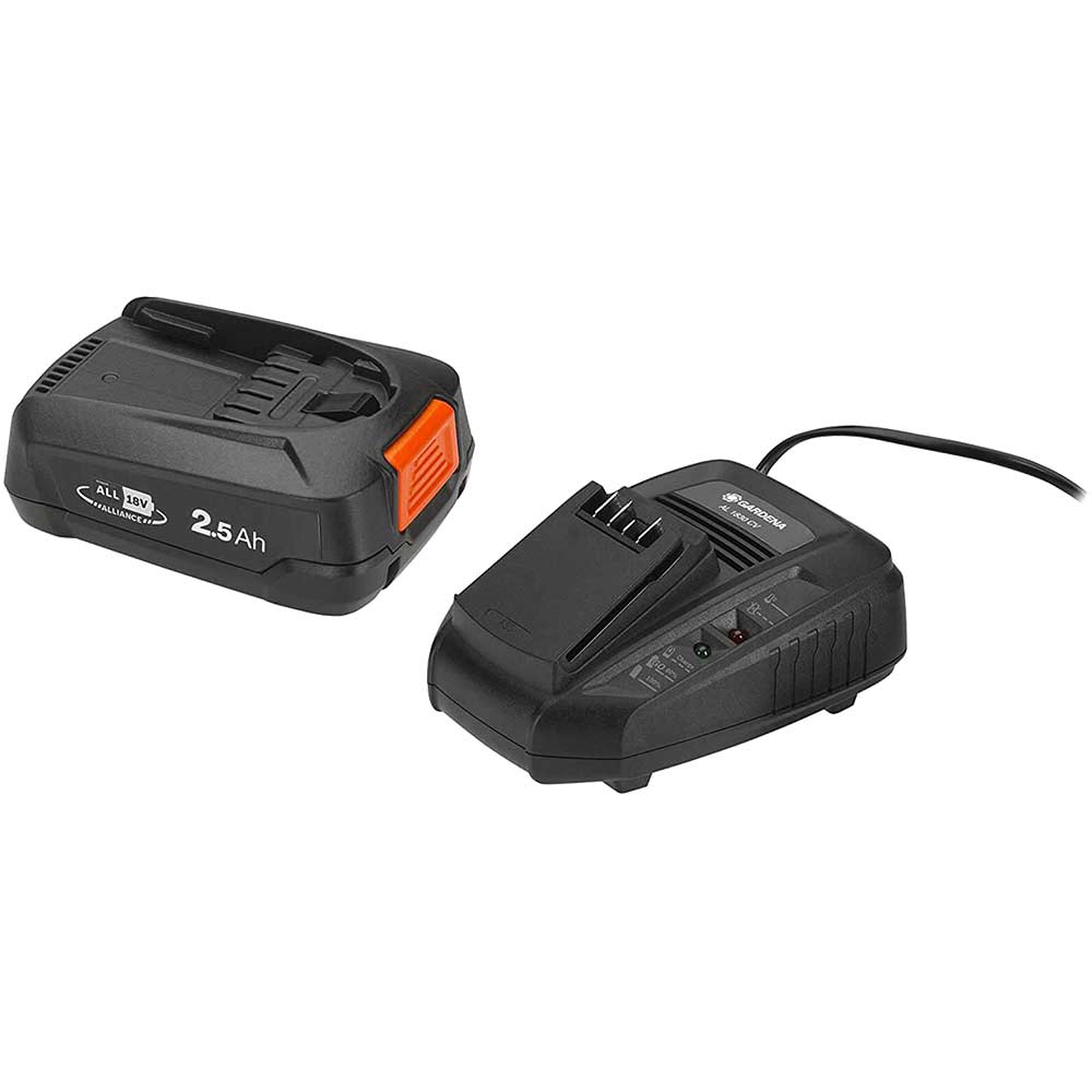 Image of Gardena AL 1830 CV and PBA 18V/45 P4A 18v Cordless Li-ion Battery 2.5ah and Battery Charger 2.5ah