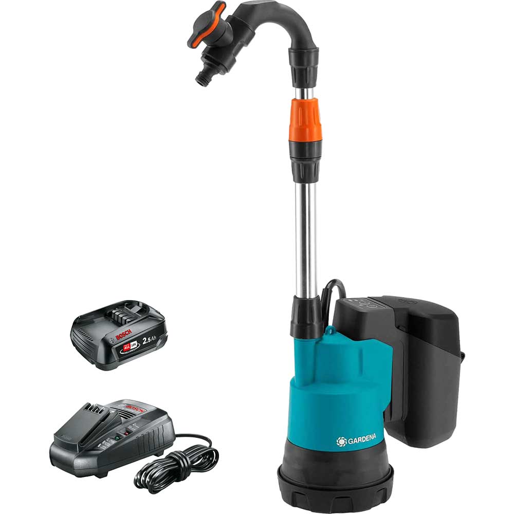 Gardena 2000/2 P4A 18v Cordless Rainwater Submersible Water Butt Tank Pump 1 x 2.5ah Li-ion Battery Charger
