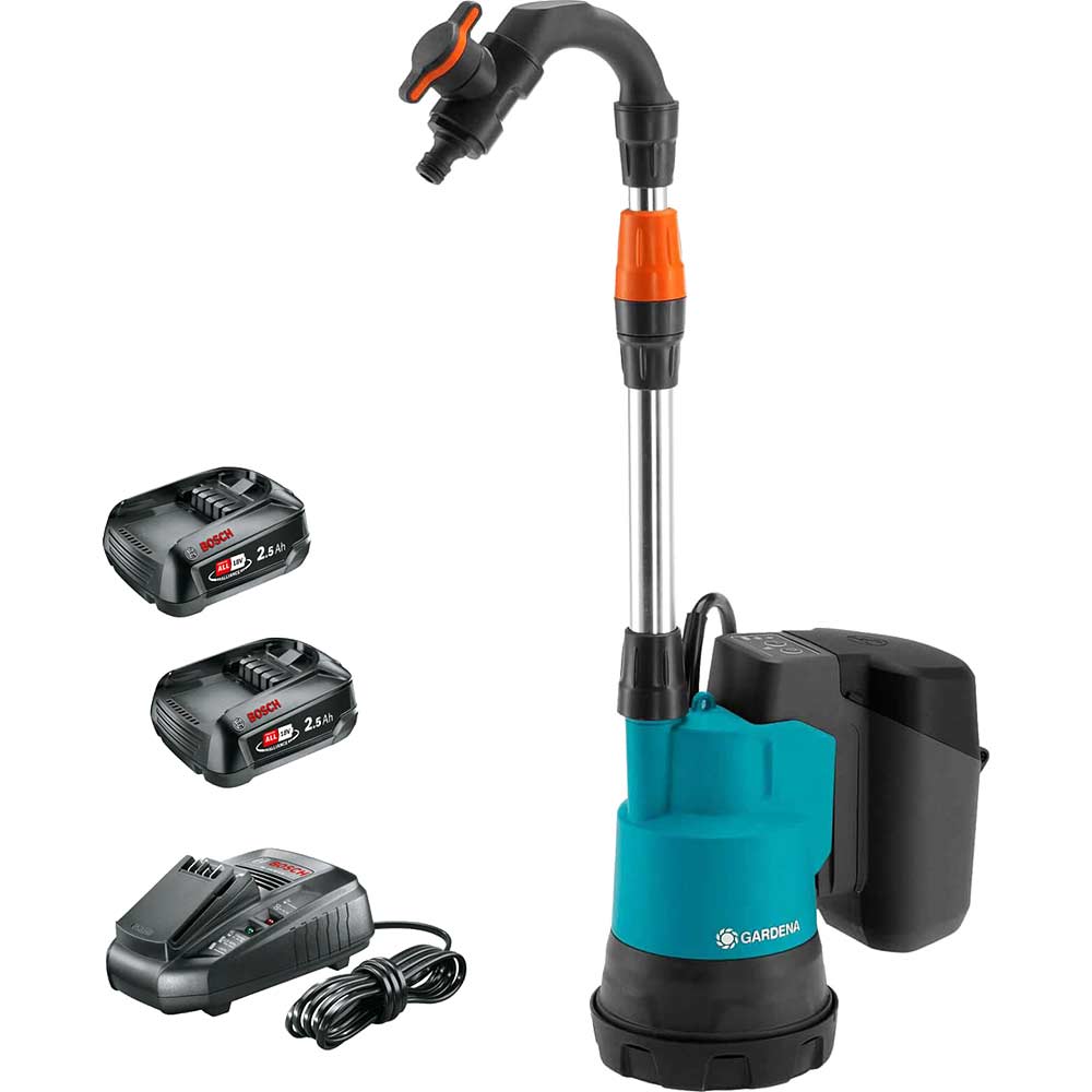 Gardena 2000/2 P4A 18v Cordless Rainwater Submersible Water Butt Tank Pump 2 x 2.5ah Li-ion Battery Charger