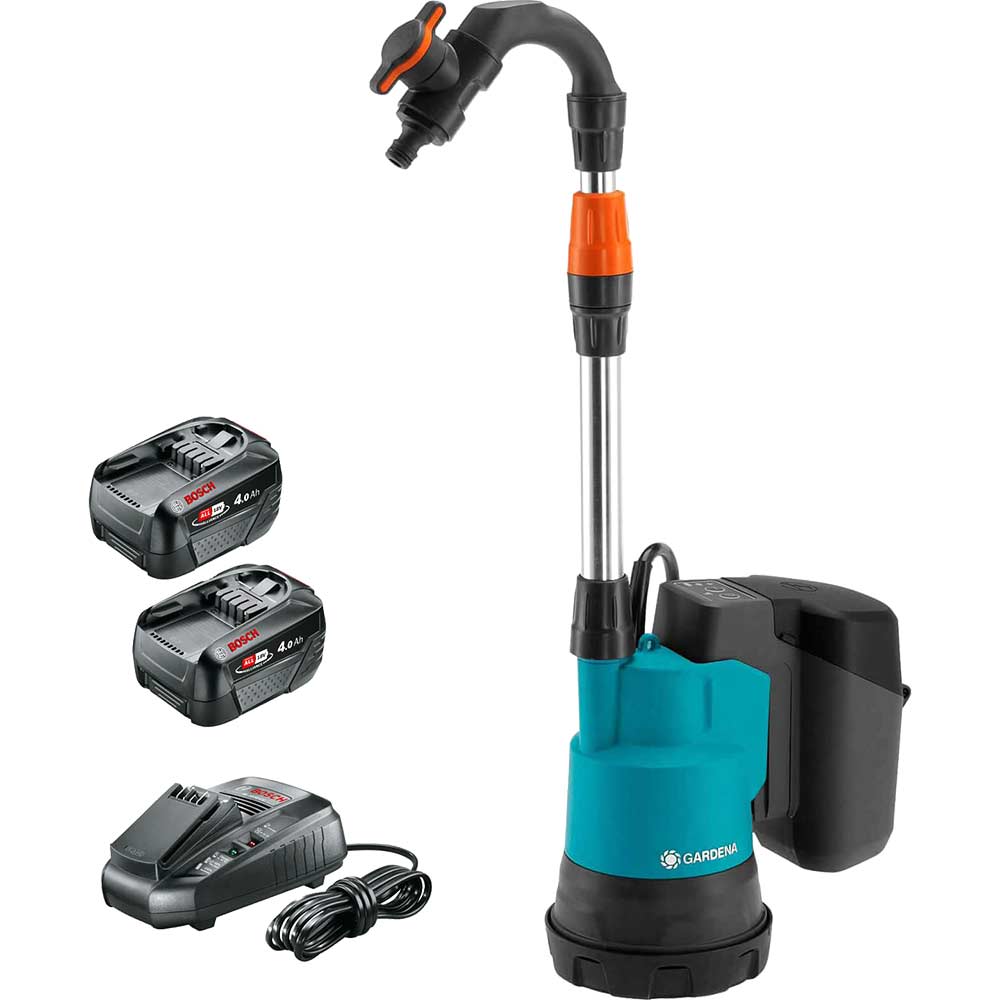 Gardena 2000/2 P4A 18v Cordless Rainwater Submersible Water Butt Tank Pump 2 x 4ah Li-ion Battery Charger