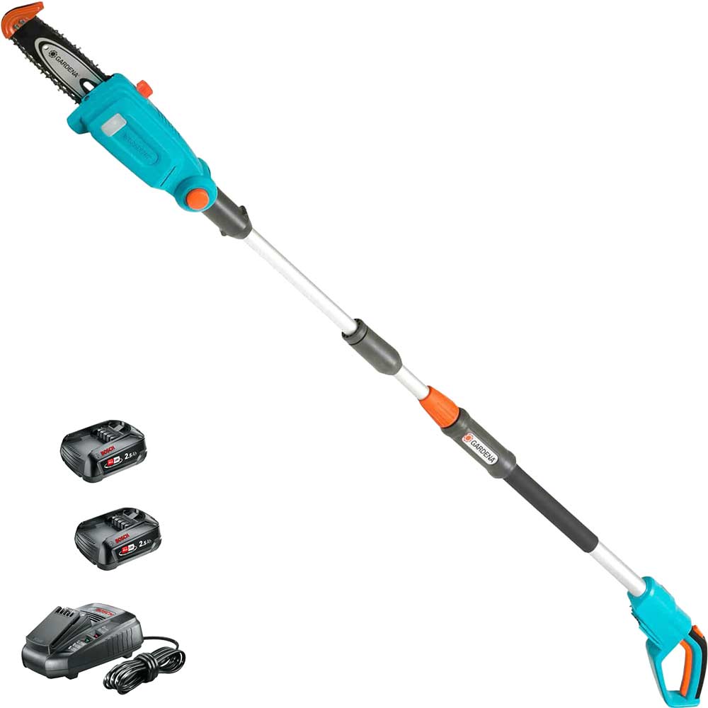 Gardena TCS 20/18 P4A 18v Cordless Telescopic Tree Pruner 200mm 2 x 2.5ah Li-ion Battery Charger