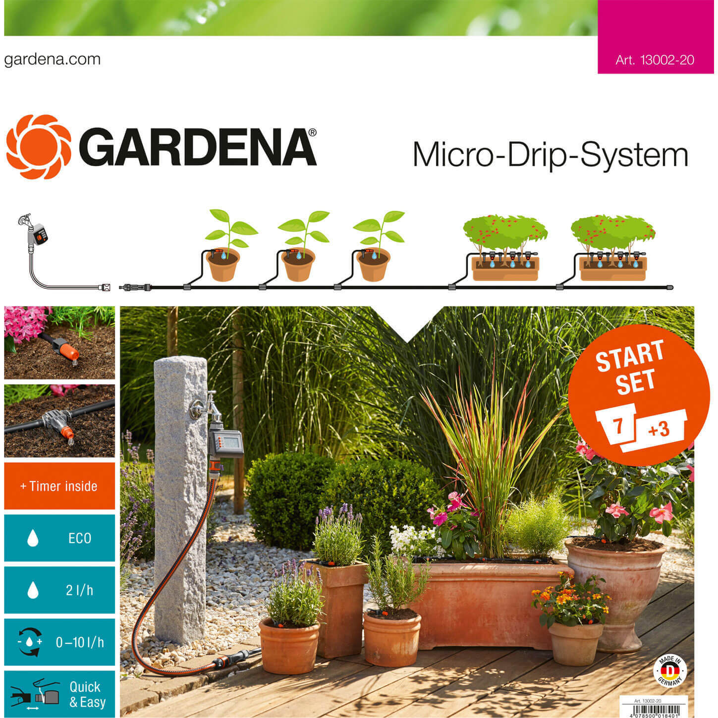 Image of Gardena MICRO DRIP 7 Pot and Planter Water Irrigation and Water Timer Starter Set