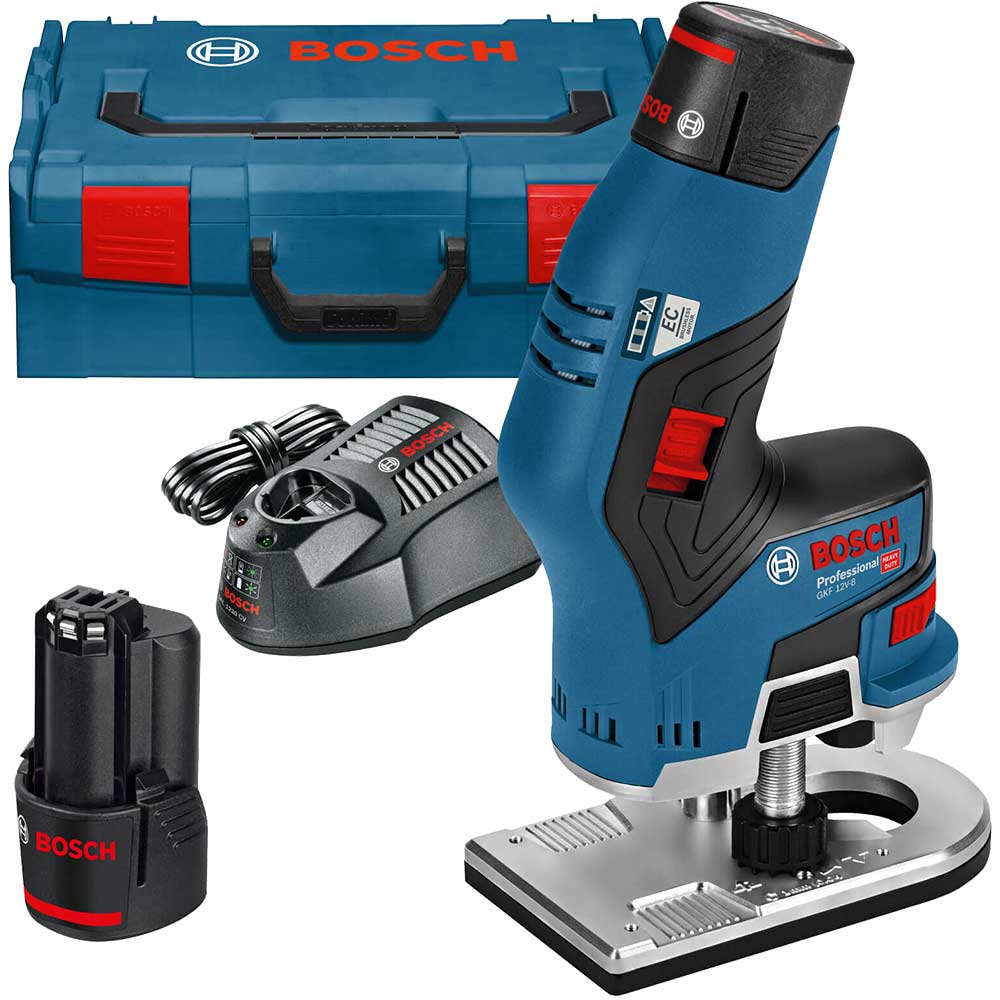 Bosch GKF 12 V-8 12v Cordless Fixed Base Palm Router 2 x 3ah Li-ion Battery Charger Case