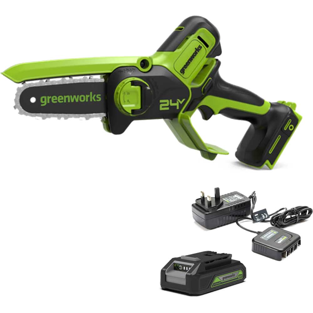 Greenworks G24MCS10 24v Cordless Tree Pruner 100mm 1 x 2ah Li-ion Battery Charger