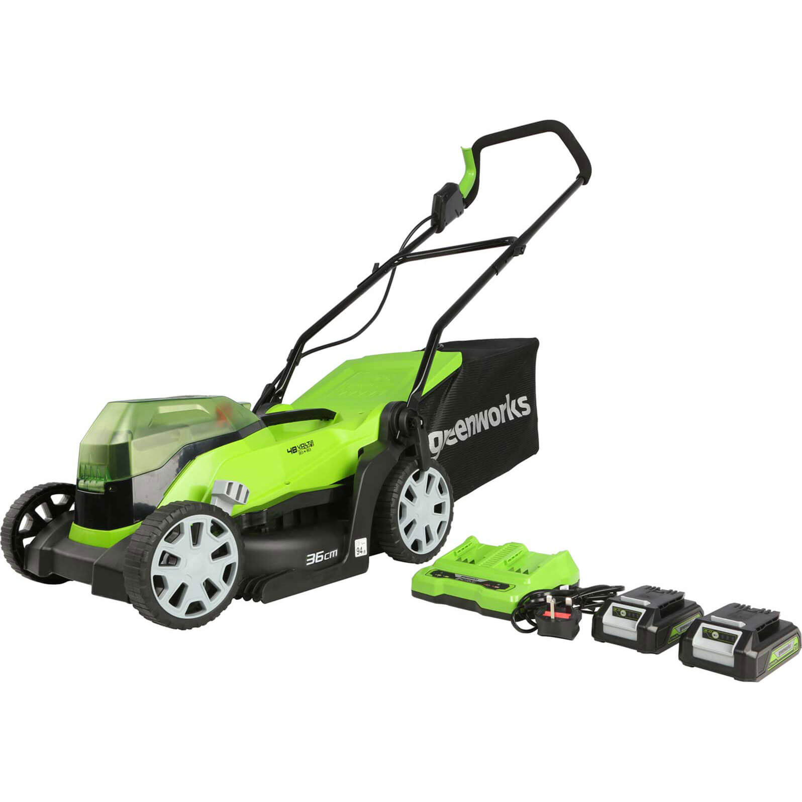 Image of Greenworks G24X2LM36 48v Cordless Rotary Lawnmower 360mm 2 x 2ah Li-ion Charger