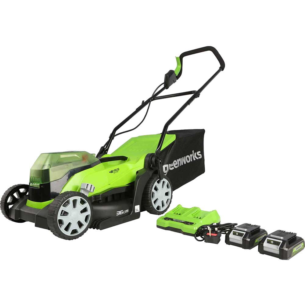 Image of Greenworks G24X2LM36 48v Cordless Rotary Lawnmower 360mm 2 x 2ah Li-ion Charger