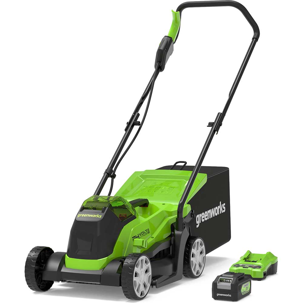 Greenworks GD24LM33 24v Cordless Brushless Rotary Lawnmower 330mm 1 x 4ah Li-ion Battery Charger