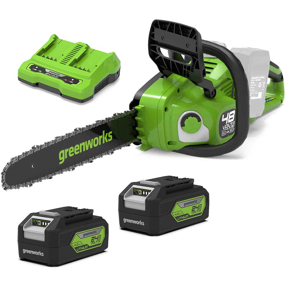 Greenworks GD24X2CS36 48v Cordless Brushless Chainsaw 360mm 2 x 4ah Li-ion Battery Charger
