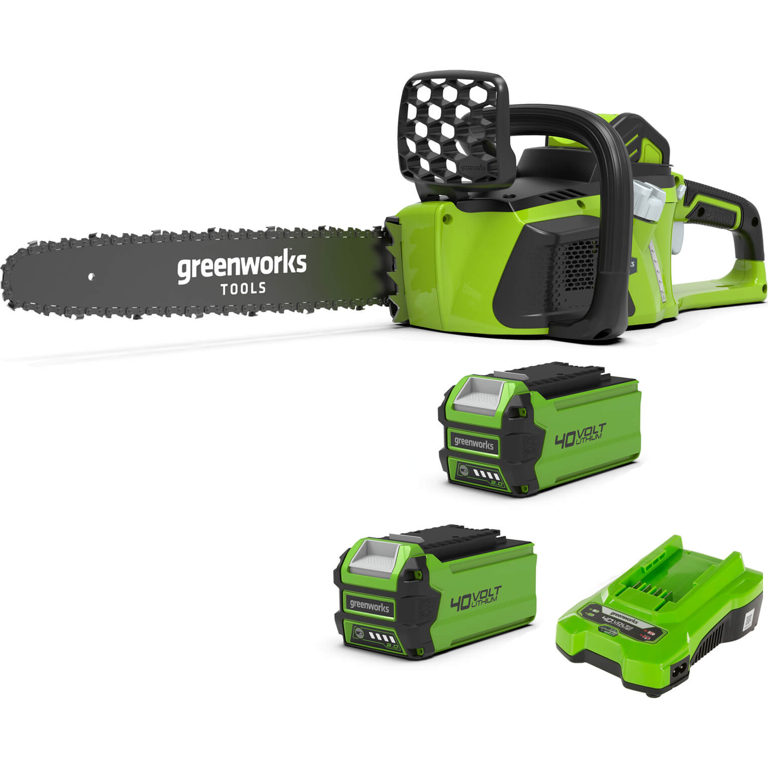 Greenworks GD40CS15 40v Cordless Brushless Chainsaw 350mm 2 x 2ah Li-ion Battery Charger